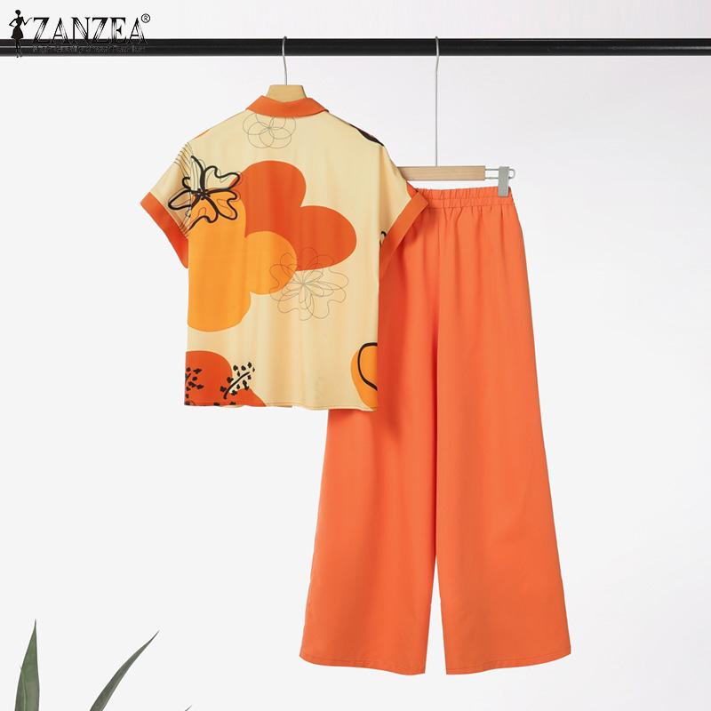 ZANZEA Women Short Sleeve Print Blouse and Pants Summer Two Piece Suit Sets