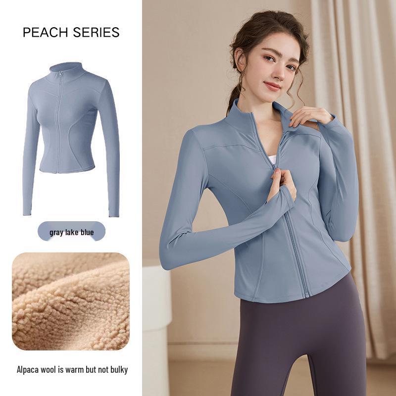 Women's Slimming Lambswool Jacket – Stand Collar, Velvet-Lined, Thick, Stretchy, Warm Yoga Top for Autumn & Winter