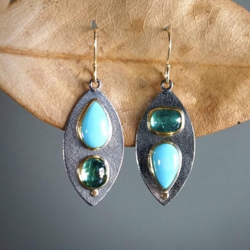 Jianjie Leaf Shape Two Tone Colors Stone Inlaid Vintage Women's Pendant Earrings Elegant Retro Ear Jewelry  Trend