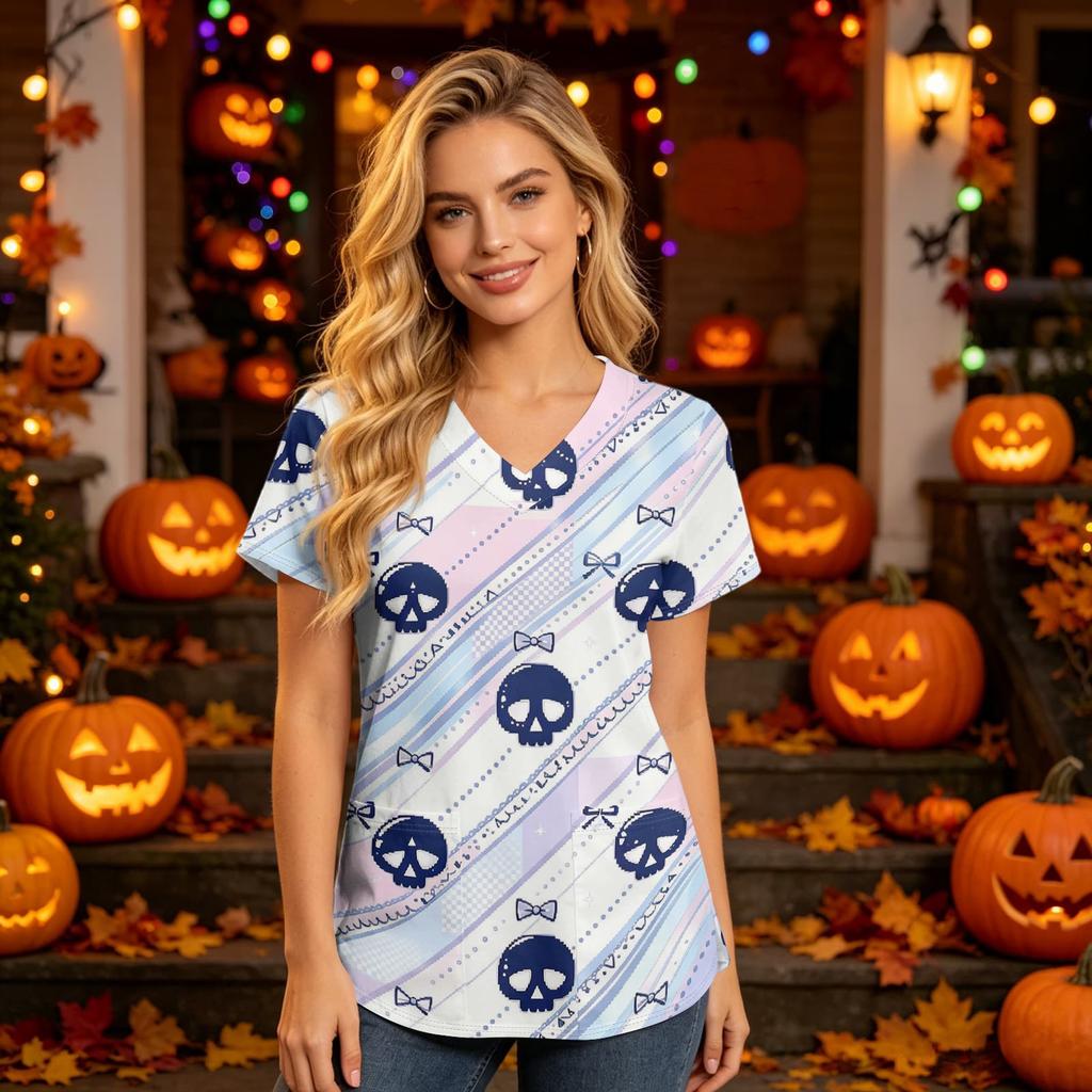 Damen V-Ausschnitt Kurzarm Kasack mit Taschen Halloween-Print Pflegekraft Uniform