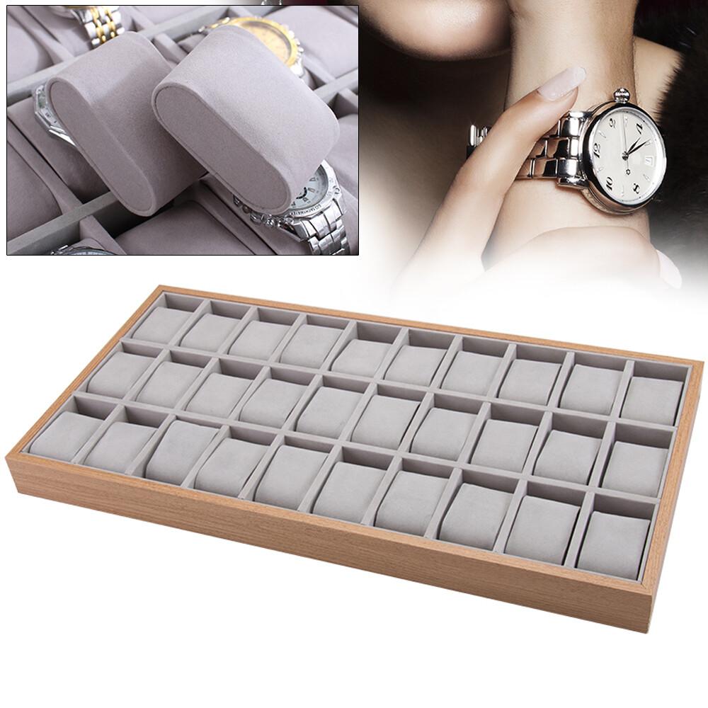 Wooden Watch Box 30 Slots Display Tray Organizer With Grey Velvet Pillows For Men Women