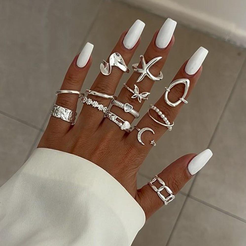 European and American Style Ring Exaggerated Butterfly 11 Knuckles Stacked with High-end Love Geometric Star and Moon Ring Female