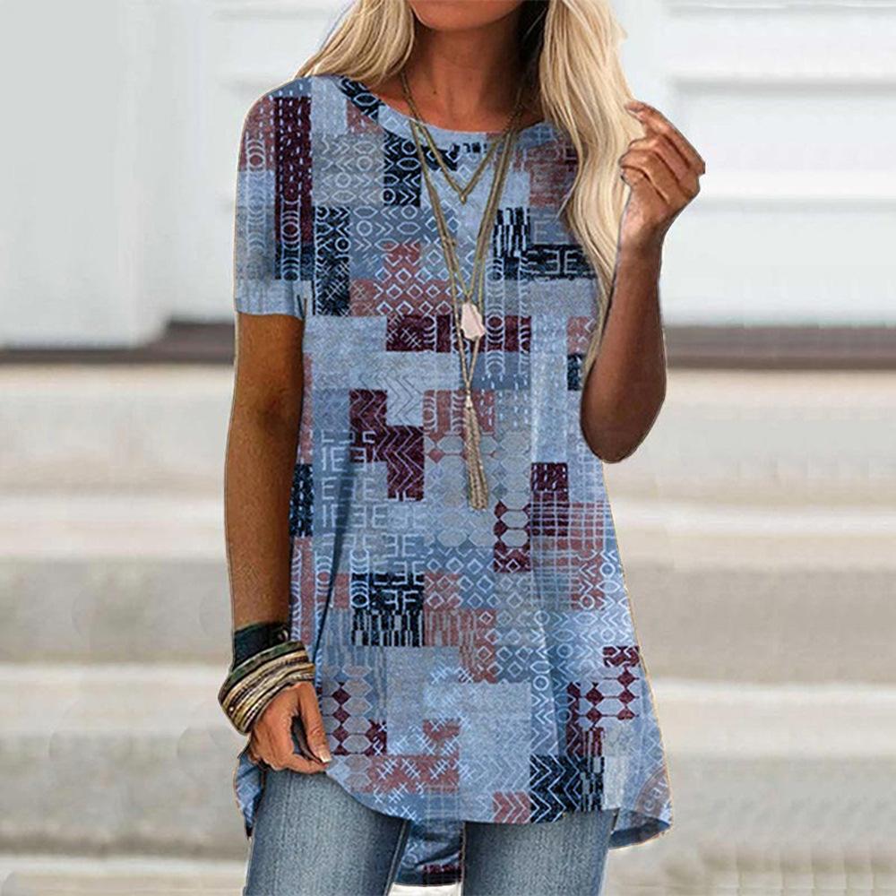 Women Fashion Round Neck T-shirt Summer Casual Digital Printed Short Sleeve Top Pullover Loose Short Top