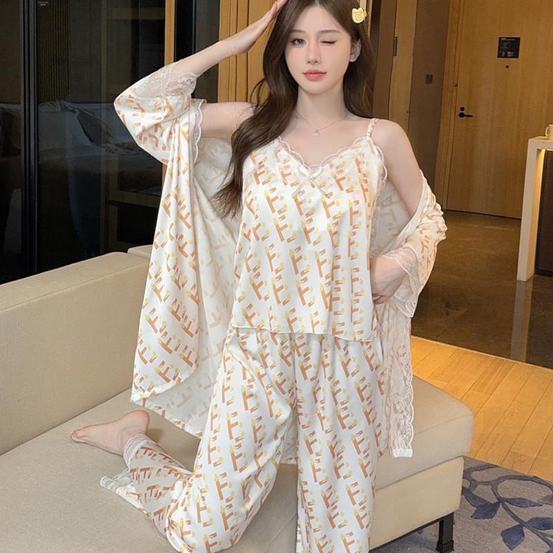 New Pajamas Women's Ice Ribbon Chest Pad Pure Desire Sexy Suspender Three-piece Pajama Silk Loungewear