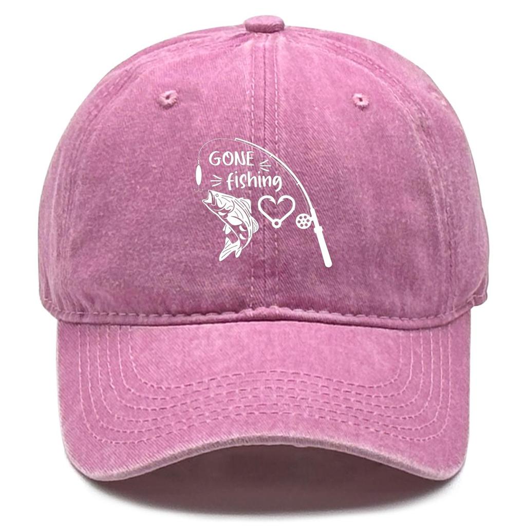 GONE Fishing" Print Adjustable Sun Hat, Fishing Rod Fishhook Flat Cap Washed Simple Hip Hop Adjustable Buckle Snapback Baseball Hat