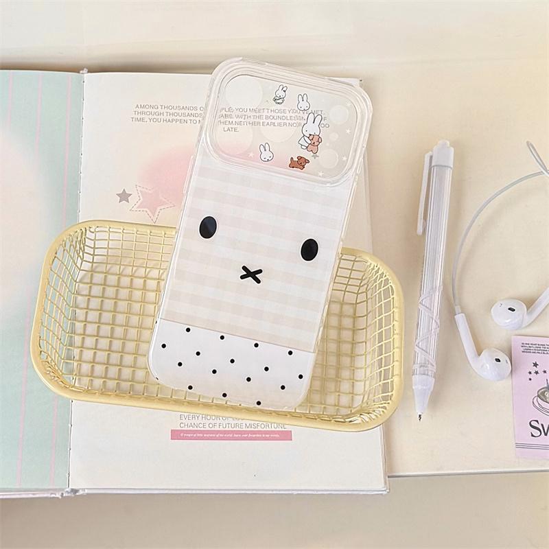 Kawaii Bunny Face Clear Phone Case For iPhone 17 Pro 16 15 14 Pro Max with Heart Side Holes Gingham Pattern Shockproof Cover