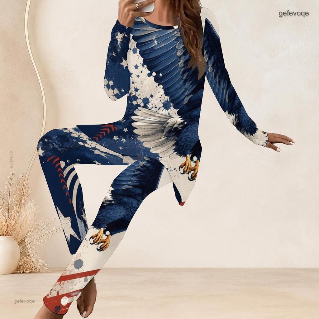 Women Plus Size Navy Blue Fireworks Printed Round Neck Long Sleeve Longline Top Fitted Pants Two Piece Set