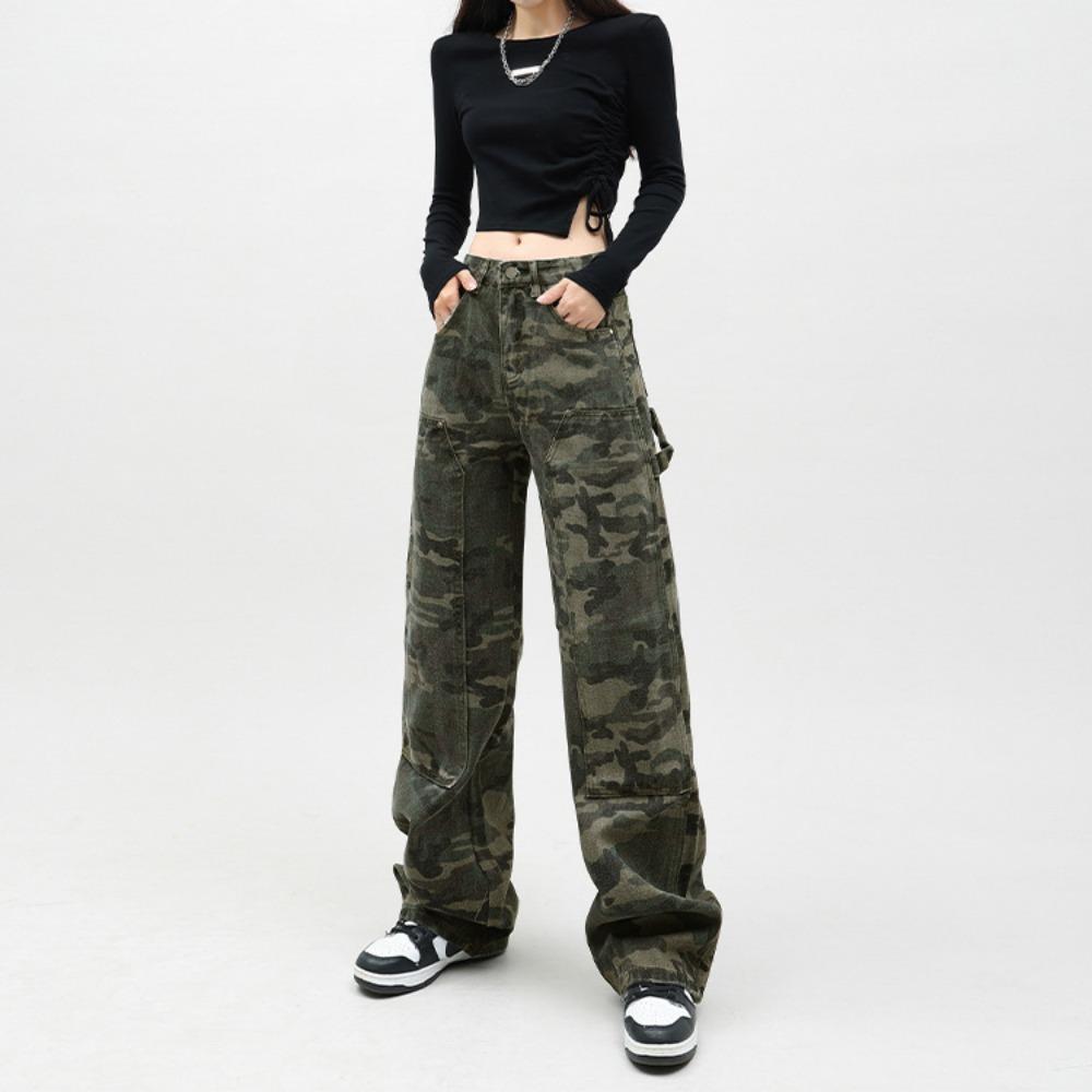 Trend camouflage tooling washed pants women's 2025 summer street hip hop loose wide-leg casual jeans
