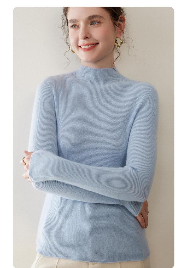Women's Cashmere Striped Pullover - Slim-Fit Half-High Neck Knitwear for Autumn & Winter
