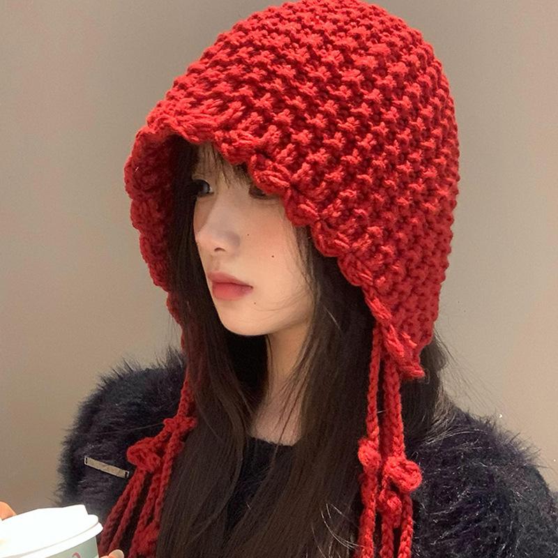 West Sichuan Tourism Tassel Ball Red Knitted Baotou Hat Women's Autumn and Winter Warm Ear Protection Face Small Wool Hat