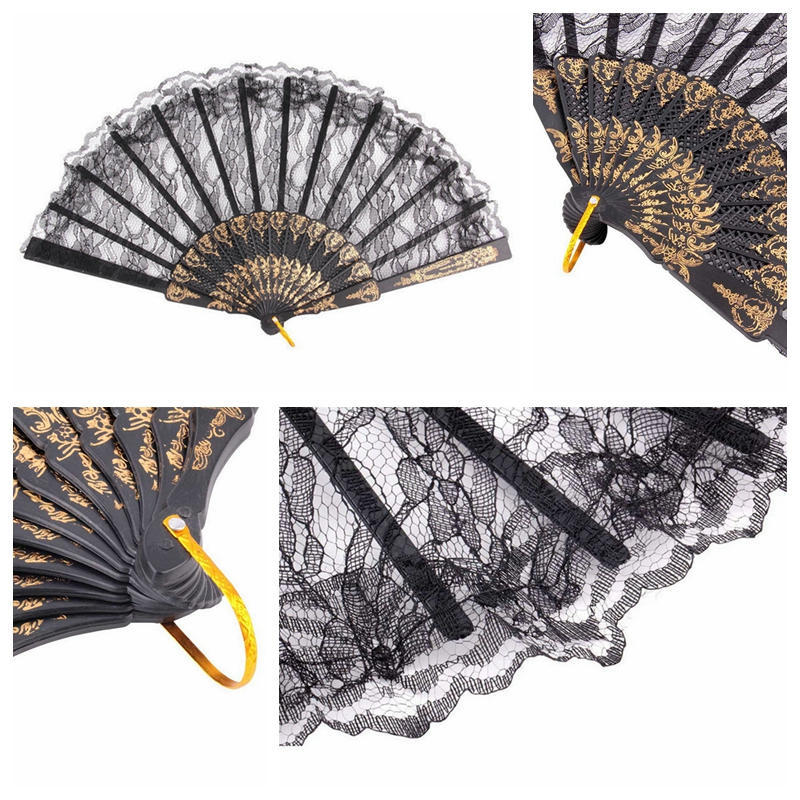 Black Spanish Style Dance Party Wedding Lace Silk Folding Hand Held Flower Fan