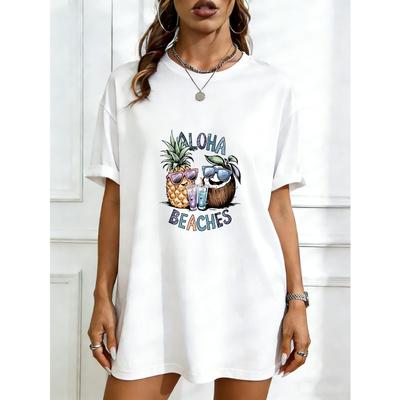 Übergroßes T-Shirt Kleid Schwarz Aloha Beaches Ananas und Kokosnuss mit Sonnenbrillen-Aufdruck Sommerurlaubsbekleidung