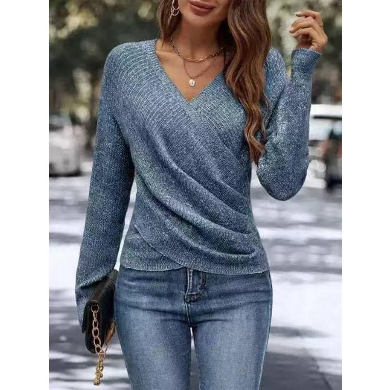 V Neck Long Sleeve Pullover Loose Fit Solid Color Knit Sweater