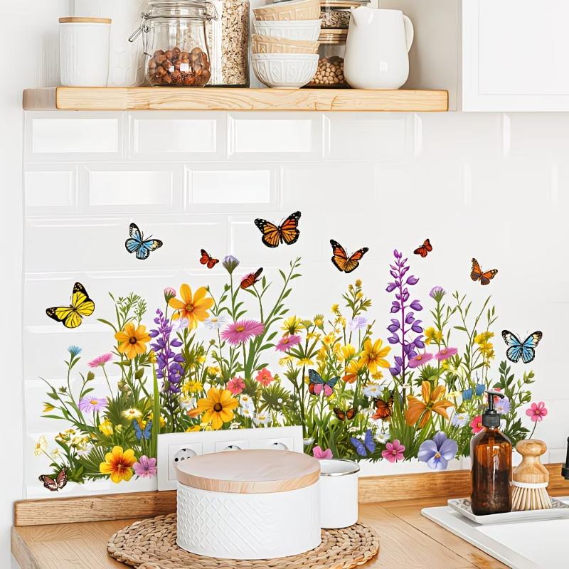 Fresh Flower Pattern Wall Sticker Waterproof Non-Marking Sink Area Background Decal for Bathroom Kitchen Decor