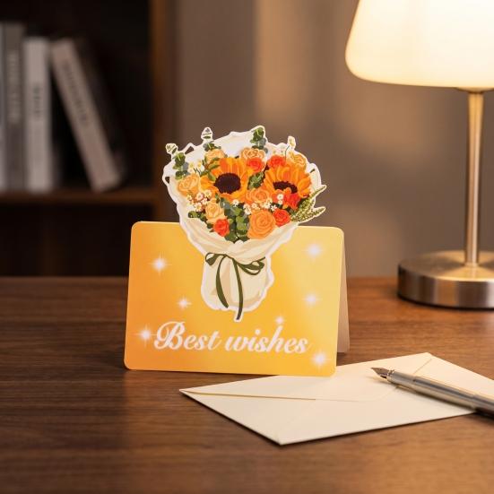 Decorative Floral Greeting Cards 10Pcs 3D Flower Thank You Card, Bouquet Best Wishes Card Note Appreciation Gifts for Anniversary, Mother's