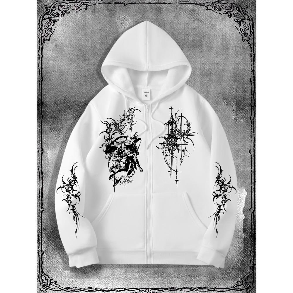 Men's Gothic Angel Dark Printed Zipper Hoodie, Casual Fashion Street Zipper Hoodie, Fashion Clothing Autumn