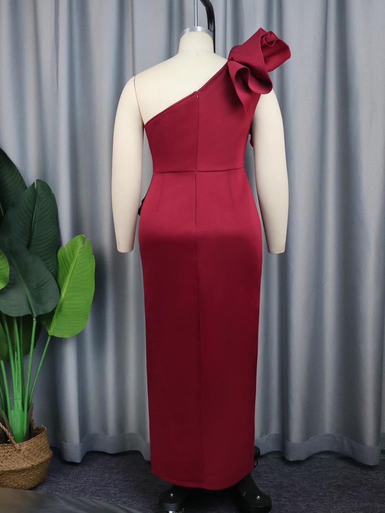 AOMEI Vestido de festa para senhoras vinho vermelho babados de um ombro renda patchwork cintura alta bodycon irregular noite coquetel roupas de evento plus size vestidos