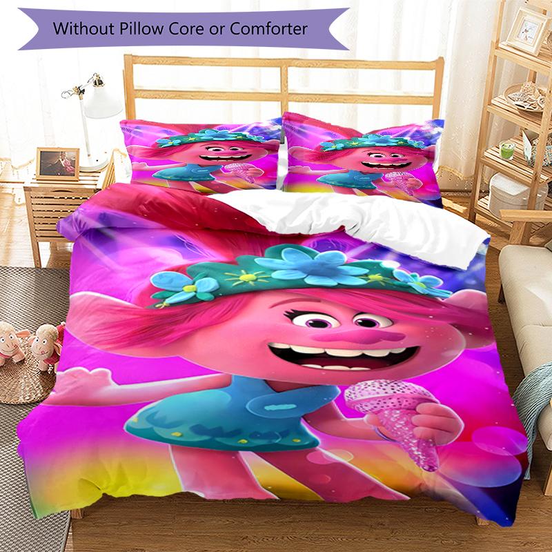3pcs Trolls Design Cover Set - HD Printed Bedding with 1 Cover and 2 Pillowcases - Perfect for Home and Dorm Decor