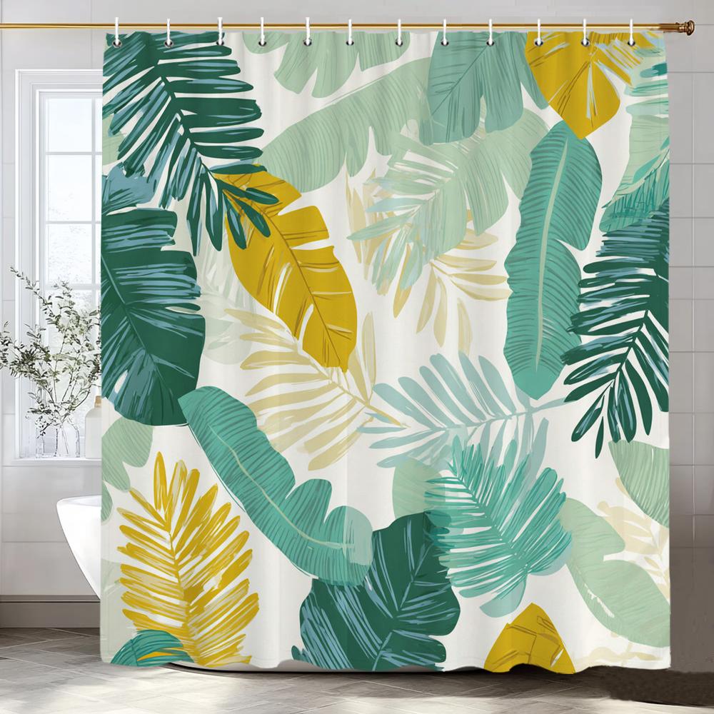 Tropical Green Leaves Monstera Pattern Shower Curtain, Bathroom Decorative Shower Curtain, Print Polyester Curtain With Hooks