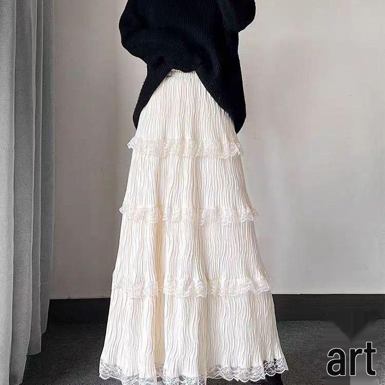 Elegant Autumn-Winter French Lace Velvet Pleated Skirt with Large Hem for Women S