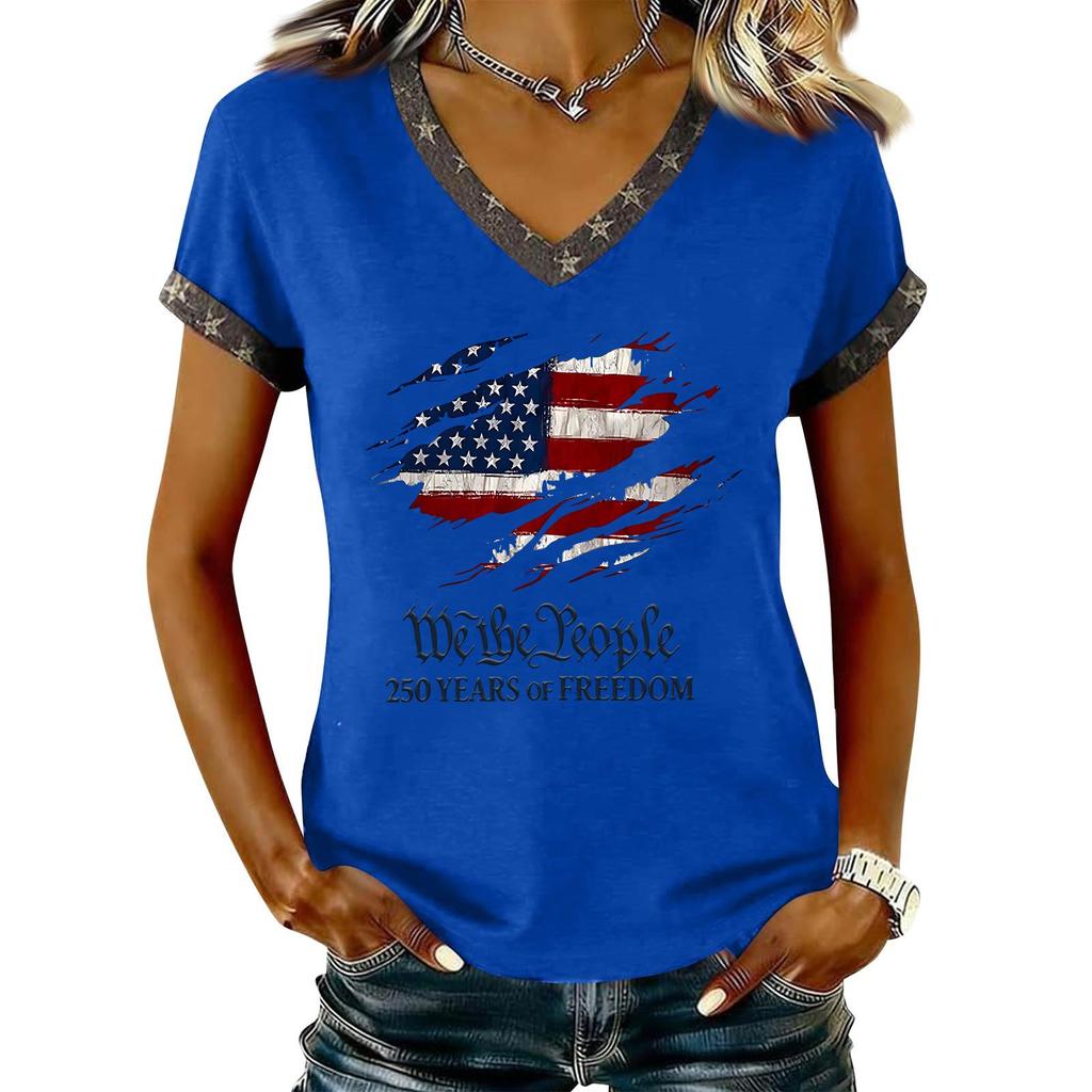 Damen Lässiger V-Ausschnitt Kurzarm Pullover Bedrucktes T-Shirt Top