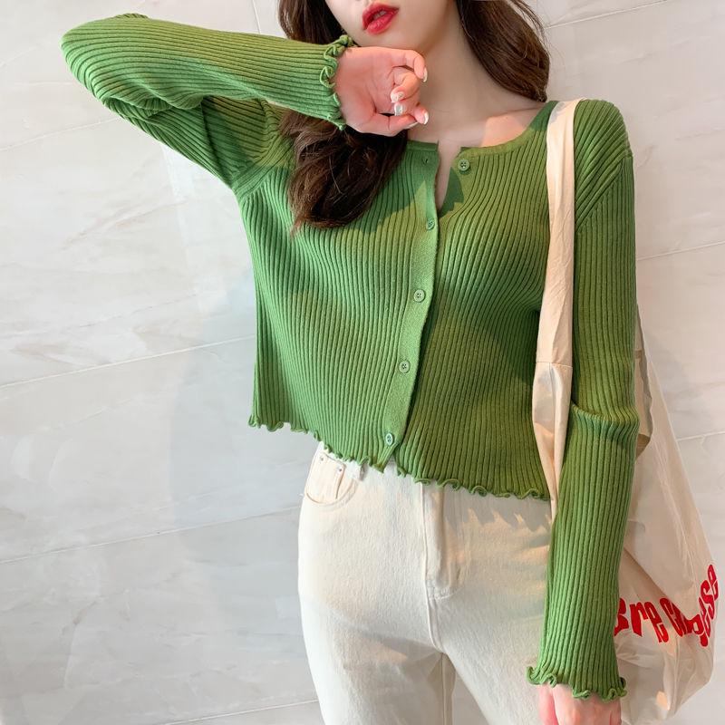 Women's Wooden Ear Knitted Cardigan Short Spring and Autumn Thin Fashion Slim Sweater Coat