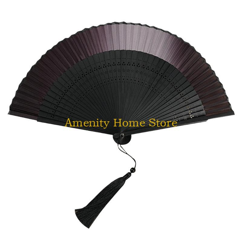 F26C Handmade Silk Bamboo Fan with Hollowed out Fan Bone for Home Household Decoration Accessory Supplies