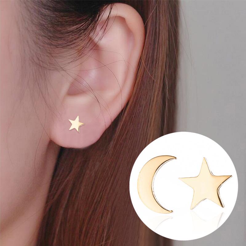 Asymmetrical Korean Moon and Star Stainless Steel Earrings