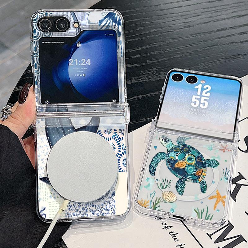 Hinged Magnetic Phone Case For Samsung Z FlIP 7 FE 6 5 Ocean Fish Whale Print Clear Hard PC Folding Phone Cover For Galaxy Z Flip7 Flip6 Flip5
