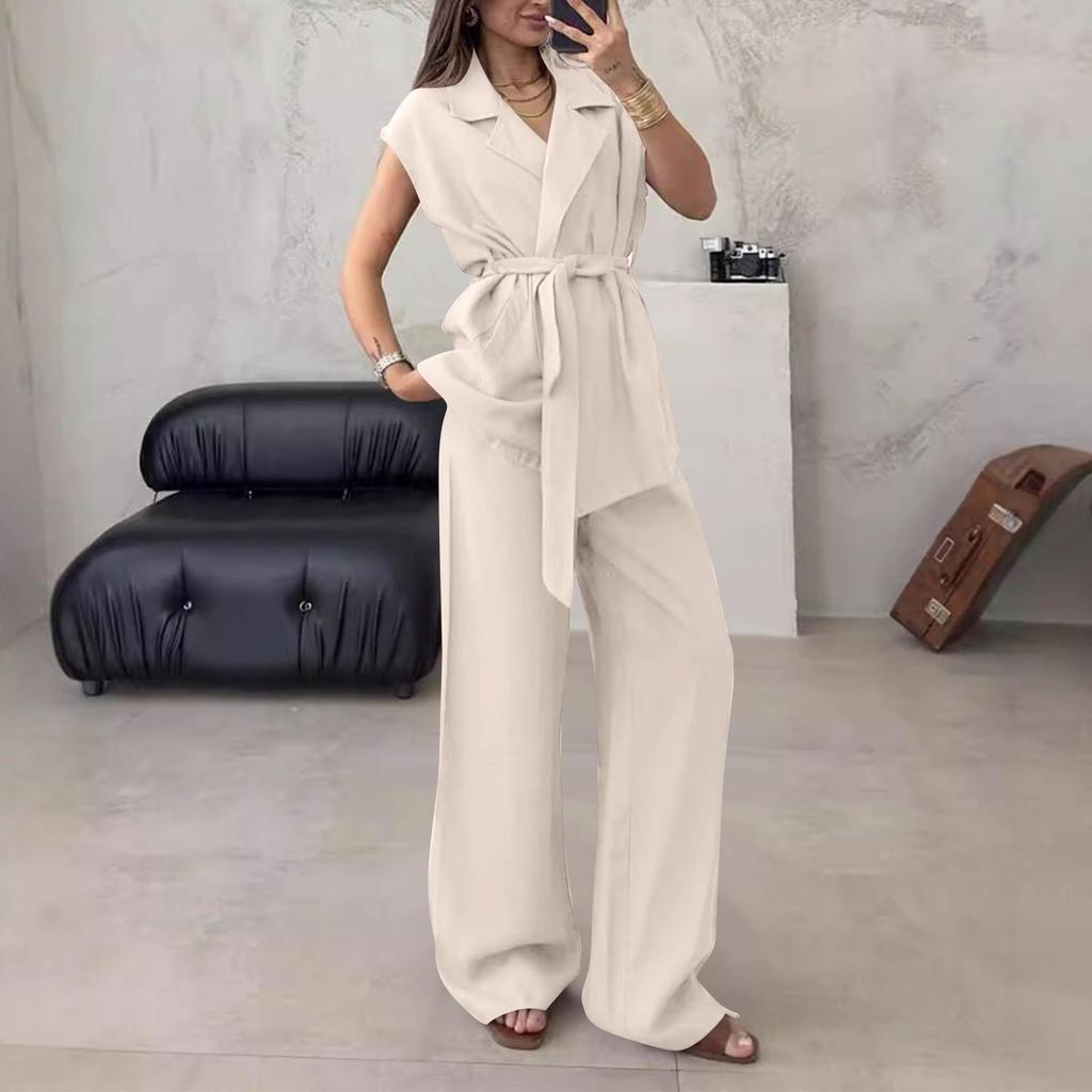 Women's 2-Piece Fashionable Casual Sleeveless Tie Front Cardigan And Pants Set
