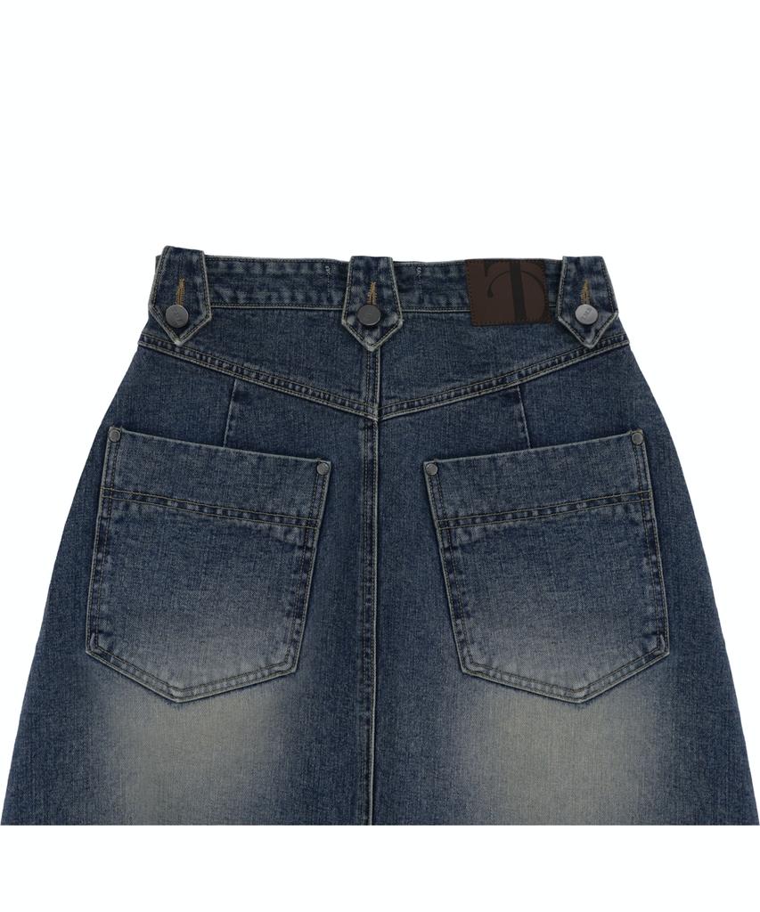 Teulimingbeodeu Front Yoke Denim Long Skirt [ Dark Blue ]