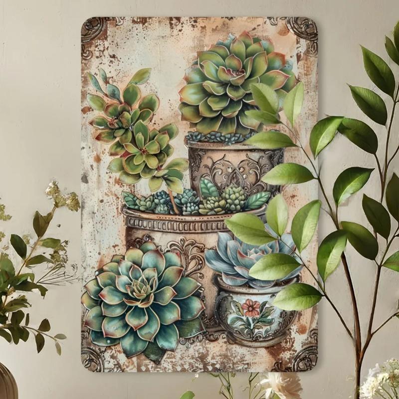 Vintage Metal Succulent Wall Decor 8x12 Inch Iron Foil Art for Kitchen Bar Cafe