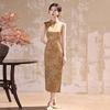 Sleeveless Chinese-Inspired Long Cheongsam Dress Women Vintage Fit Daily Wear Stand Collar Mid-Slit Lightweight