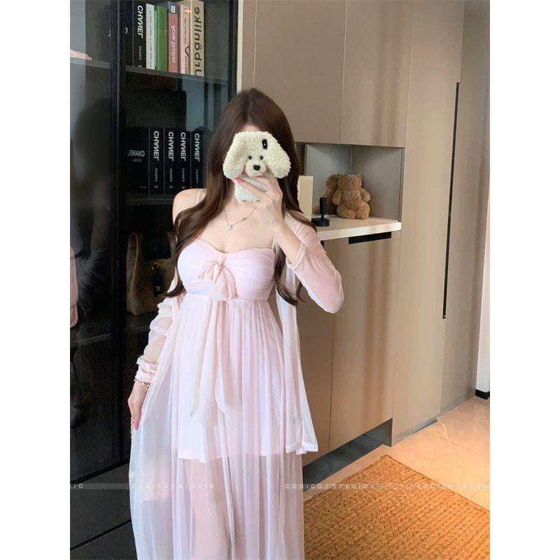 

Kumikumi Pure Desire Style Suit Thin Cardigan Jacket Women s Fall Heavy Industry Net Yarn Sling Dress Two-piece Set Naked Pink Cardigan L