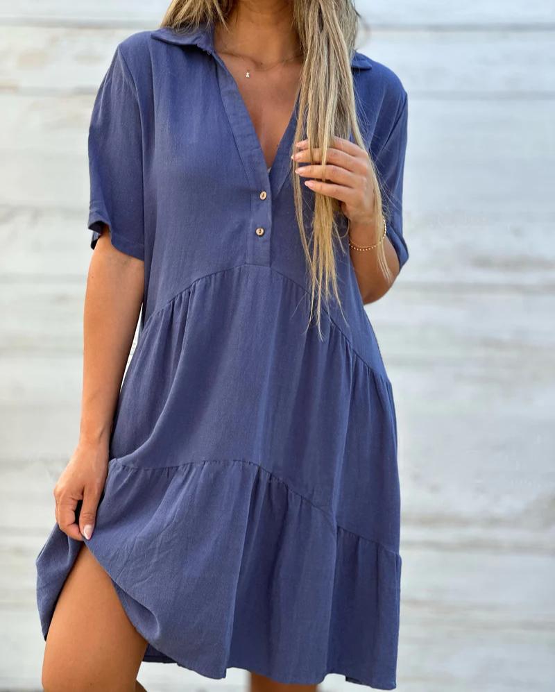 

Женские летние хлопковые льняные однотонные свободные платья повседневные короткие рукава женские платья S синий