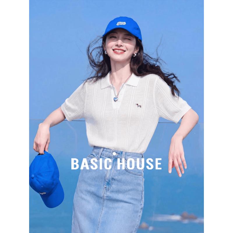 Basic House Women s Tencel Linen Puppy Embroidered Knit Polo S