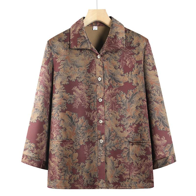 Women's Long-sleeved Square Collar Shirt Elderly Spring and Autumn Clothing Thin Coat