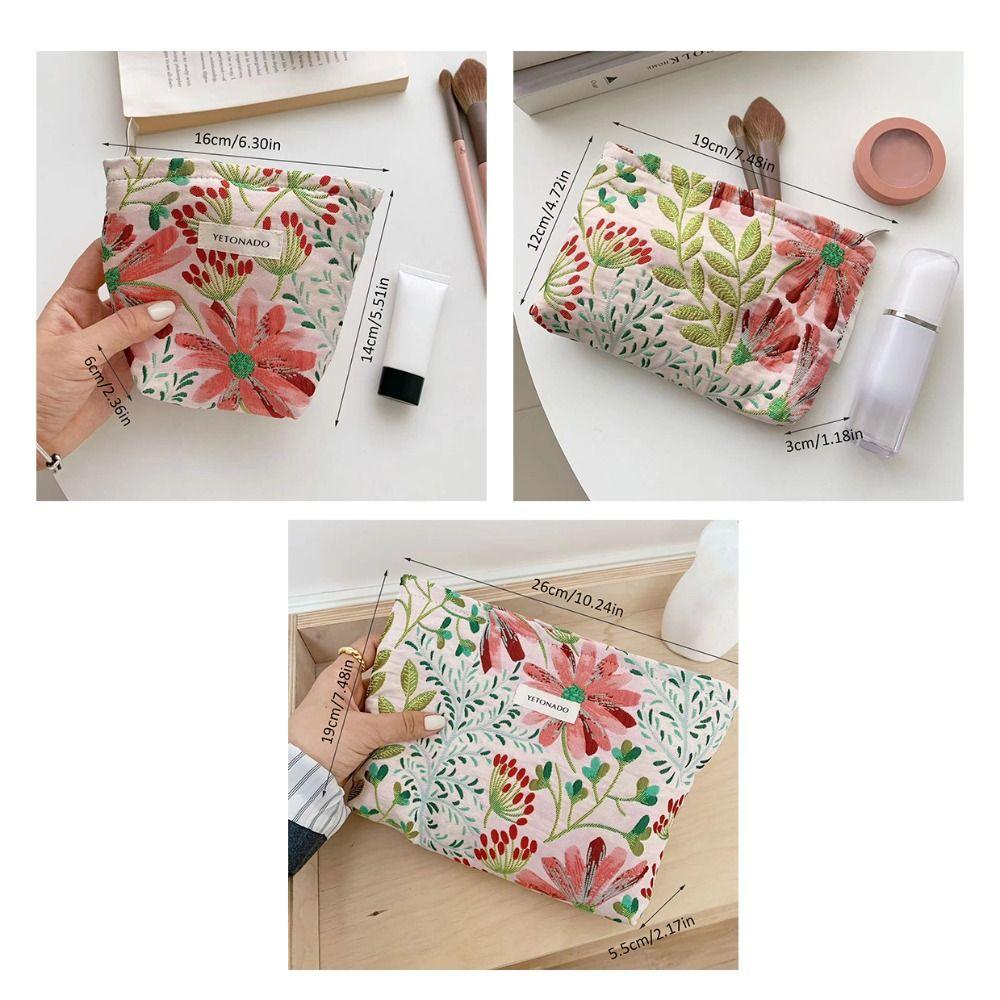Polyester Canvas Flower Clutch Bag Large Capacity Zipper Closure Cosmetic Storage Pouch Portable Flower Pattern Makeup Bag