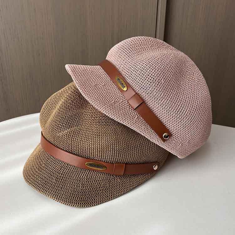 Straw visor children summer breathable mesh literary painter hat beret belt casual cap