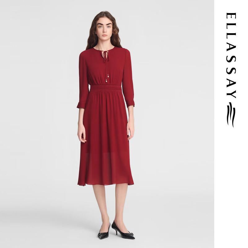 

ELLASSAY Women s Tie-Neck Smocked Waist Mulberry Silk Midi Dress S