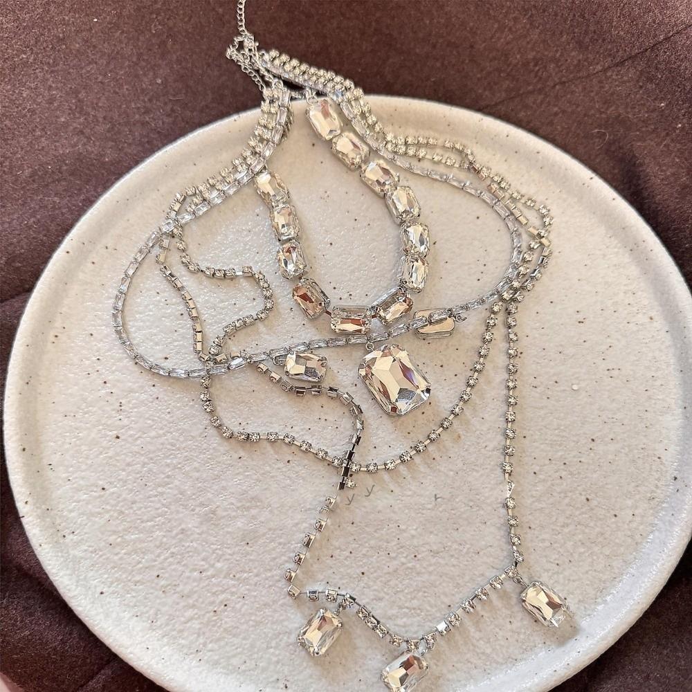 Tassels Shoulder Chain Necklace Multilayer Shine Rhinestone Necklace Back Body Chain  Evening Party