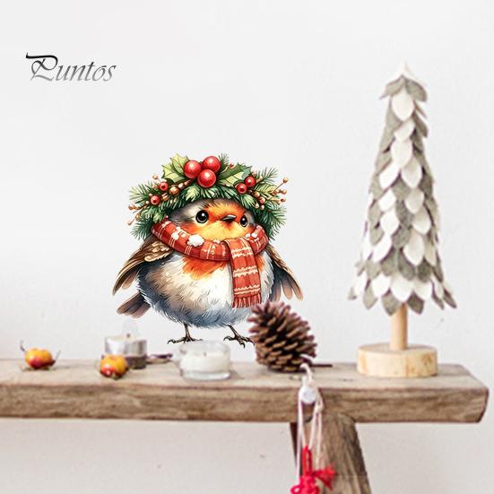 Indoor Outdoor Bird Decals Christmas Wall Sticker, Cute Watercolor with Wreath/Scarf/Hat/Ear Warmer, PVC Waterproof Creative Gifts for Home