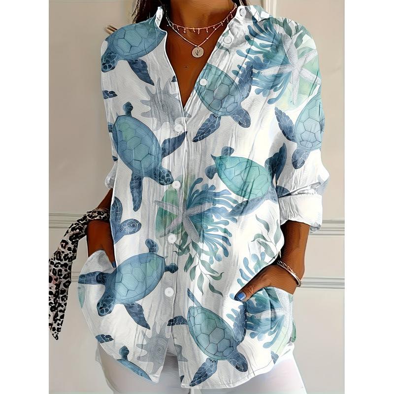 European and American 1D Digital Printing Stand-up Collar Long-sleeved Shirt Women's Loose Hawaiian Style Vacation Casual Top Trend