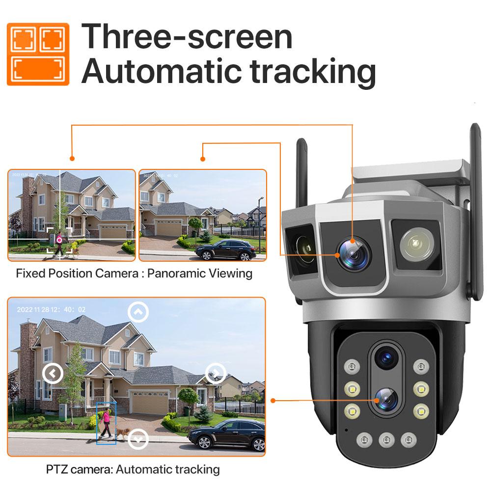 4G IP Camera with 4G Sim Card 12MP 6K Triple Screens Optical Zoom PTZ Motion Detect Color Night Vision Security Monitor EU Plug