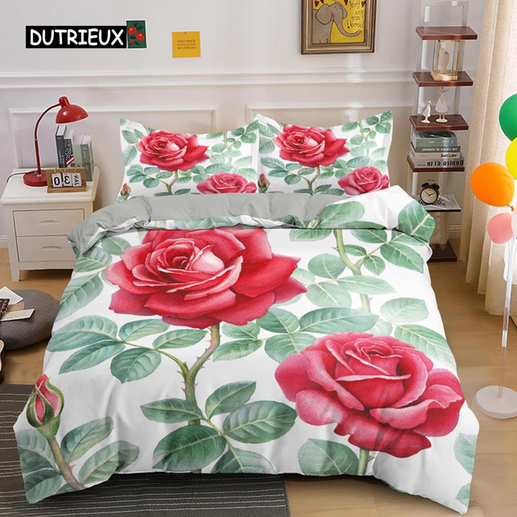 Bettbezug-Set mit Blumenmuster, tropisches Bettwäsche-Set mit Blumenmuster, tropische Blumen und Blätter für Kinder und Teenager, Polyester, Doppelbett, Queensize-Bett, Kingsize-Bettbezug