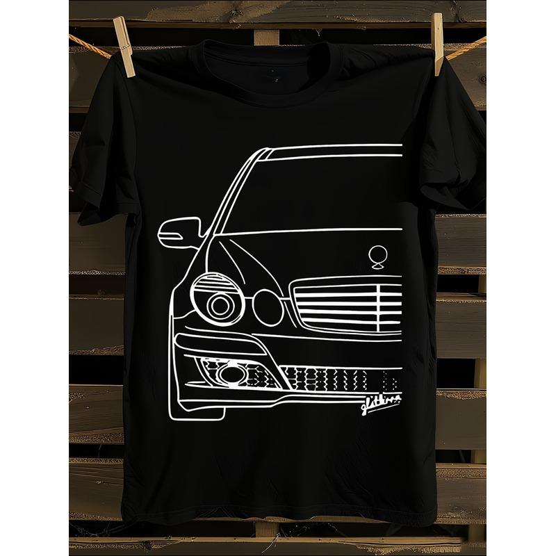 Men's W211 Car Model Silhouette T-Shirt - Oversized Cotton Crew Neck Tee with Automotive Design, Black Casual Short Sleeve Shirt for Car Enthusiasts