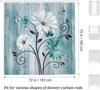 Rustic Floral Shower Curtain - Teal White Daisy Butterfly Farmhouse Decor - Washable Fabric Curtain - Wooden Texture Bathroom