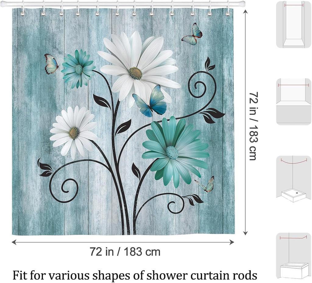 Rustic Floral Shower Curtain - Teal White Daisy Butterfly Farmhouse Decor - Washable Fabric Curtain - Wooden Texture Bathroom