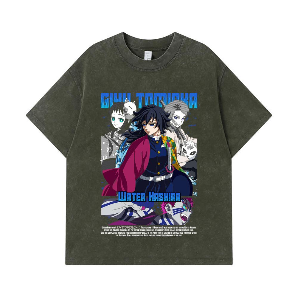

275 GSM Washed T-shirts 100% Cotton Demon Slayer V20 Tomioka Print Unisex Heavy Cotton T Shirt S армия зеленый