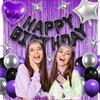 Purple themed black Happy Birthday balloon set includes heart-shaped aluminum foil balloons for birthday party decoration